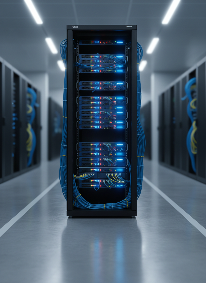 A sleek, matte-black server rack filled with glowing cobalt-blue network equipment, centered in a spotless data center corridor. Fiber optic cables form precise, organized bundles along the sides, with status LEDs creating a subtle constellation of light. Cool, diffused overhead lighting reflects softly off polished concrete floors, casting clean, linear shadows that emphasize order and structure. The background gently falls into blur, suggesting depth and scale without distraction. Captured at eye level in photographic realism with a slightly wide-angle lens, the composition uses leading lines to draw focus to the central rack, conveying a modern, professional atmosphere of robust, enterprise-grade artificial intelligence infrastructure focused on real-world impact.