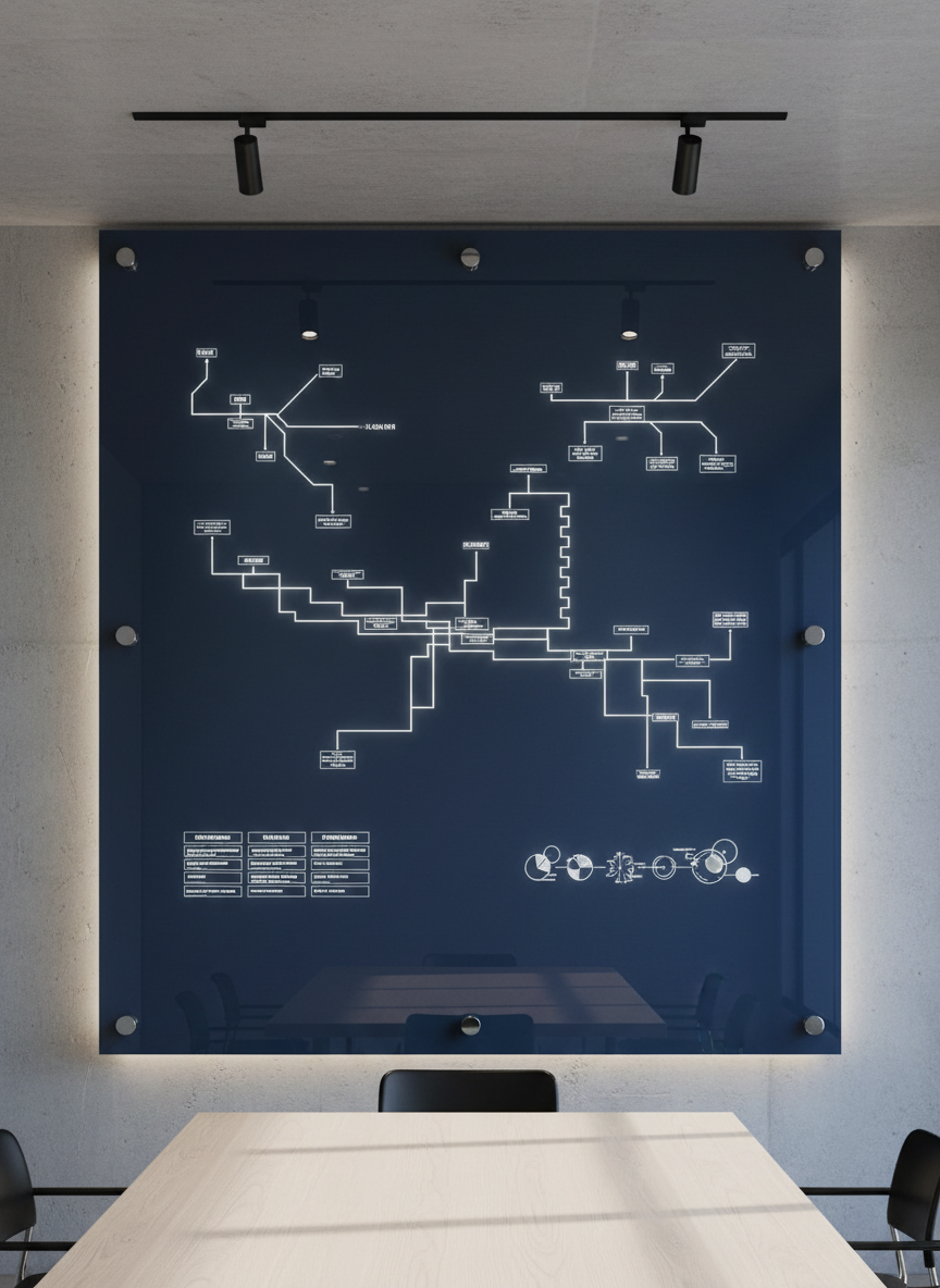 A large, transparent acrylic wall board etched with interconnected diagrams of AI workflows, data pipelines, and impact metrics, rendered as crisp white lines glowing faintly against a deep navy background. The board is mounted in a modern, high-tech meeting room with smooth concrete walls and a long, minimalist table partially visible at the bottom of the frame. Directional ceiling spotlights create subtle reflections and rim lighting on the acrylic surface, enhancing depth and clarity. Photographic realism, captured head-on with symmetric composition for a clean, authoritative look. The atmosphere is focused and strategic, suggesting rigorous AI planning and governance, where every connection and outcome is traceable and oriented toward tangible results and responsible deployment.