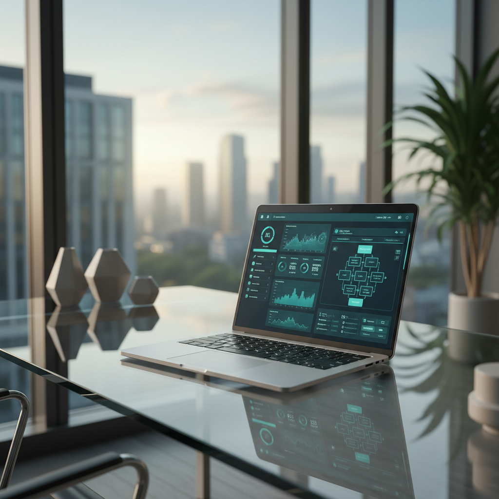A minimalist glass desk supporting a slim silver laptop displaying a complex AI dashboard interface with graphs, model metrics, and decision flows, all in clean teal and charcoal tones. The desk stands in a bright, contemporary office corner with a large floor-to-ceiling window revealing an abstract, softly blurred cityscape. Soft morning daylight pours in, creating gentle reflections on the laptop’s metallic surface and faint shadows of geometric decor elements. Photographic realism, shot from a slightly elevated three-quarter angle, with shallow depth of field keeping the laptop and interface in crisp focus. The mood is calm, strategic, and analytical, evoking a professional environment where AI decisions are carefully monitored for measurable business impact and clarity, not hype.